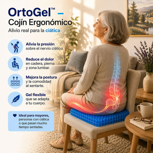 OrtoGel™ – Cojín Ergonómico que Alivia la Presión al Sentarte